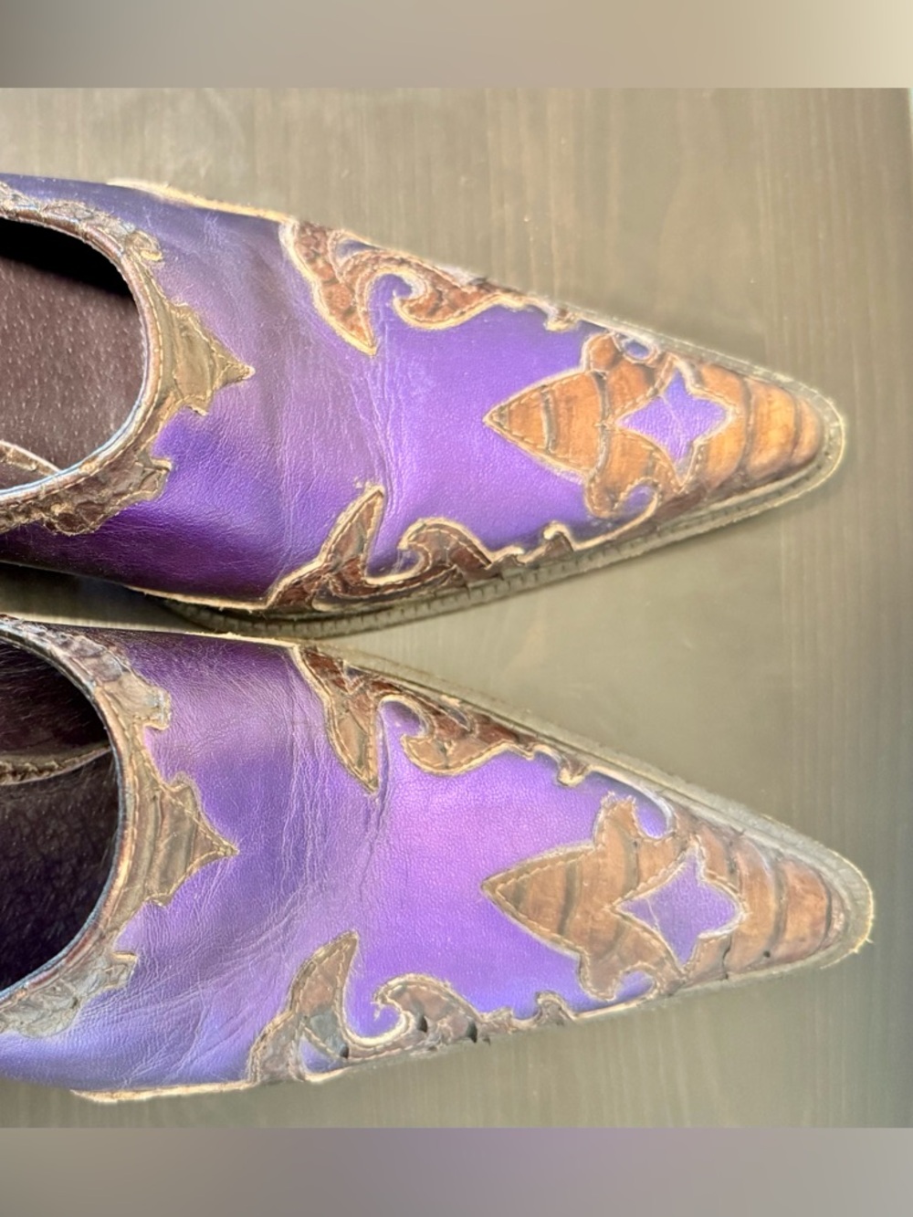 Donald J. Pliner Western Couture Collection Leather Purple Mules with Brown Trim - Picture 10 of 10